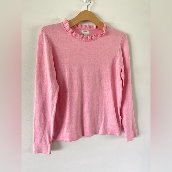 J Crew Ruffle Crew Neck Cotton Pink Long Sleeve Sweater Size S Preppy - Picture 3 of 7